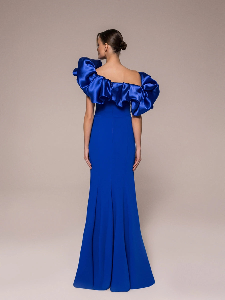 25114-Drapeli Yırtmaçlı Balık Abiye Elbise