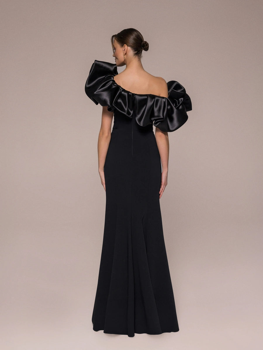 25114-Drapeli Yırtmaçlı Balık Abiye Elbise