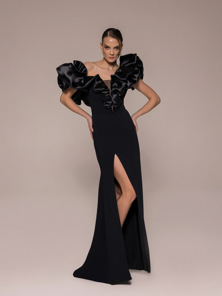 25114-Drapeli Yırtmaçlı Balık Abiye Elbise