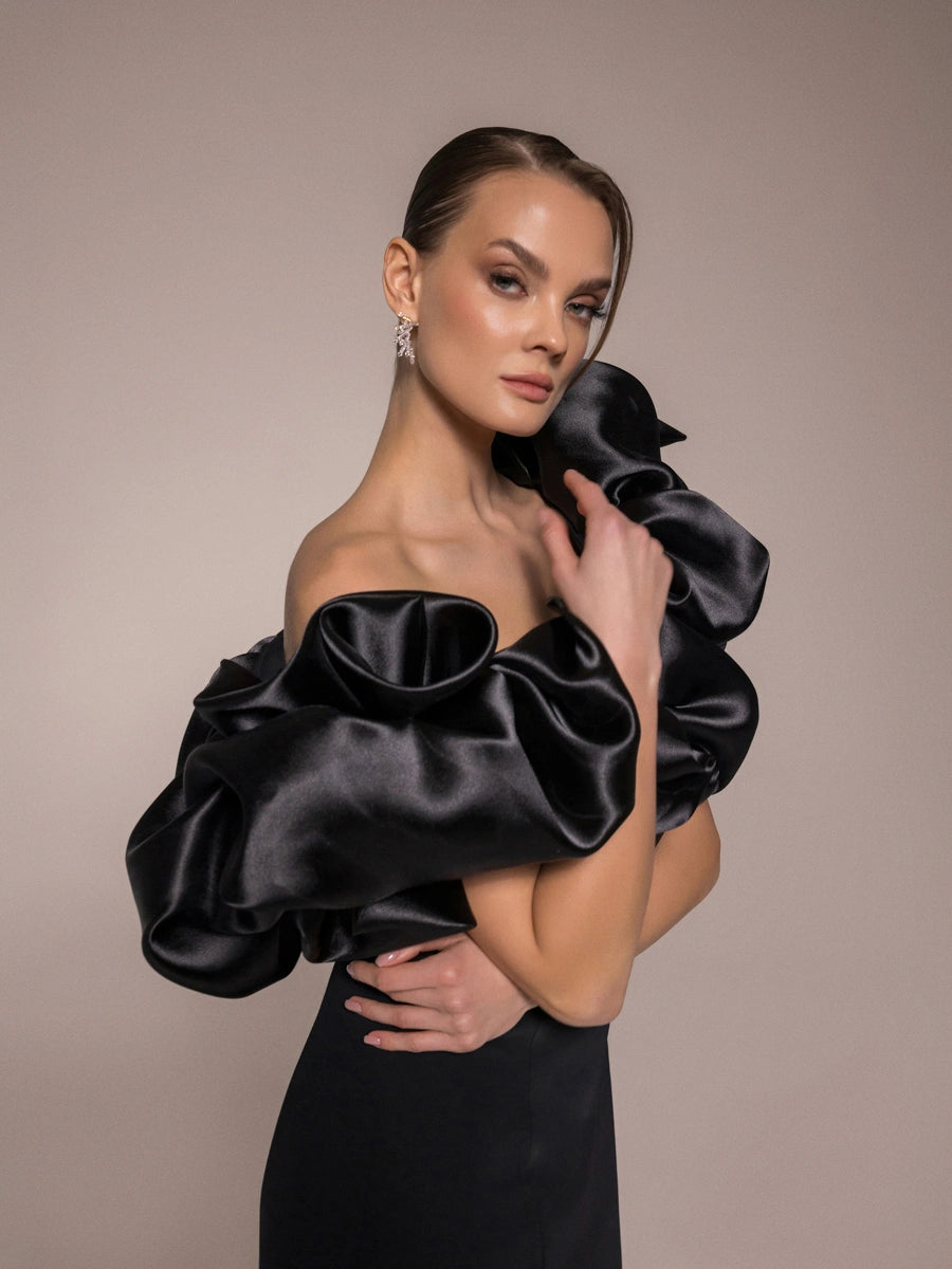 25114-Drapeli Yırtmaçlı Balık Abiye Elbise