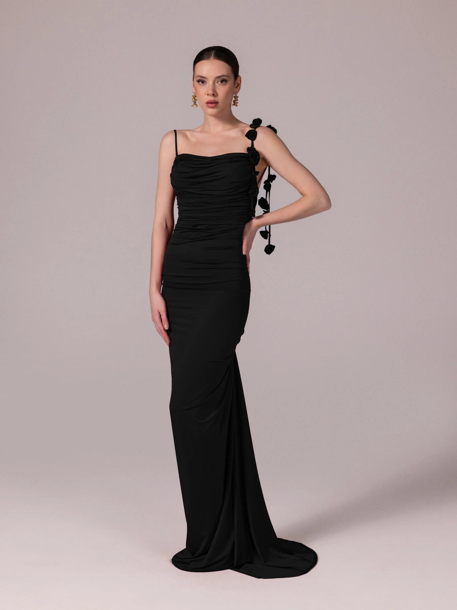 25115-Tek Omuz Çiçek Detaylı Sırt Dekolteli Abiye Elbise