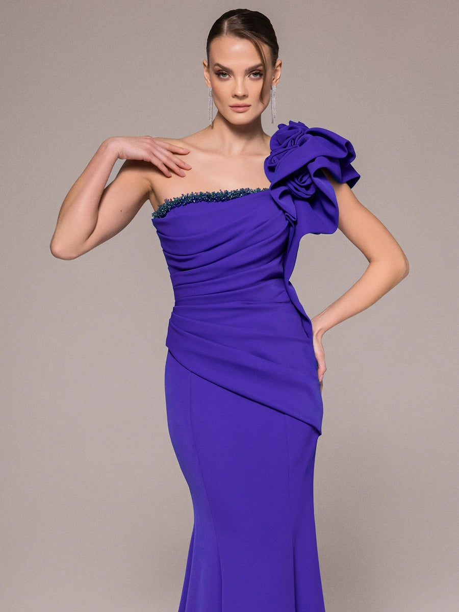 25120-Tek Omuzlu Gül Detaylı Drapeli Balık Abiye Elbise