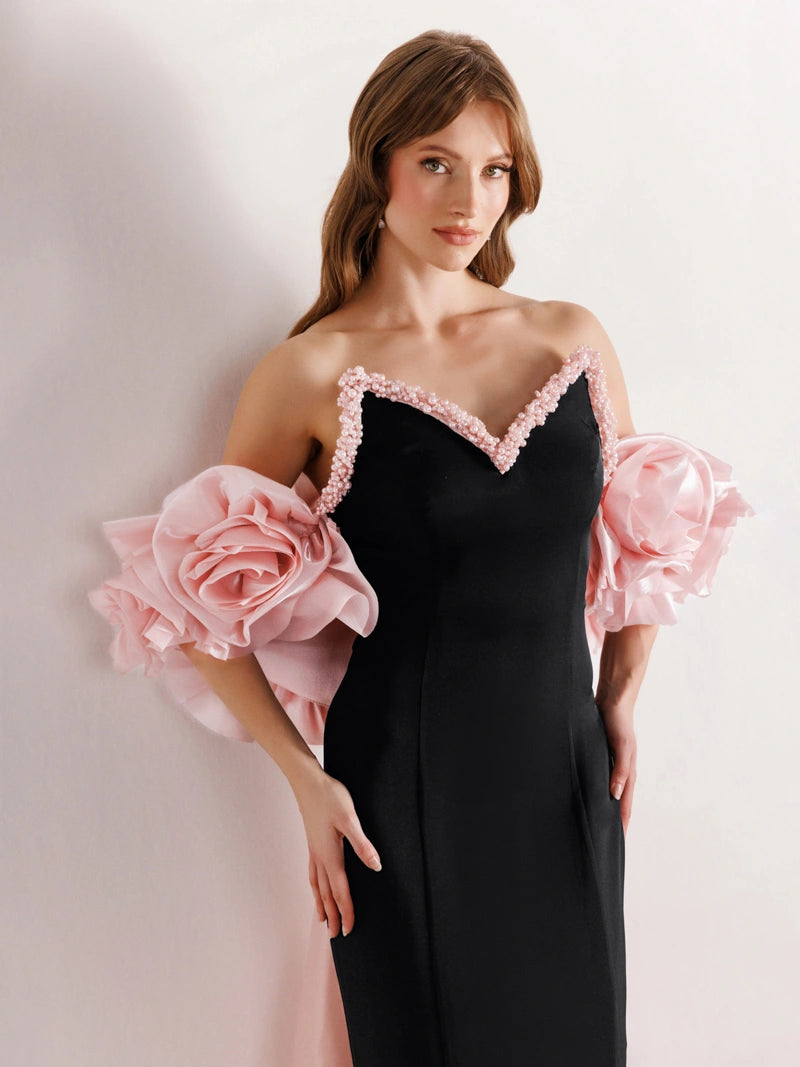 25123-Yakası İşlemeli Straplez Balık Elbise