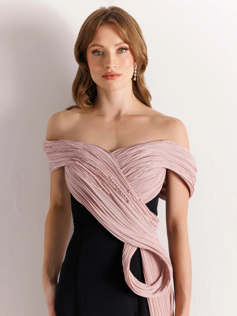 25125-Straplez İnci Detaylı Balık Abiye Elbise