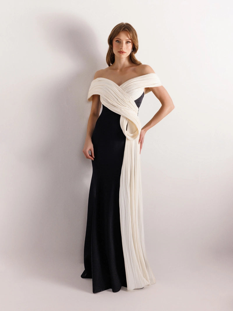 Ekru rengi Straplez İnci Detaylı Balık Abiye Elbise 2