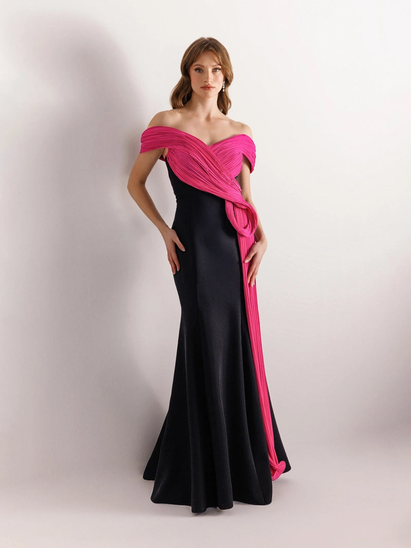 25125-Straplez İnci Detaylı Balık Abiye Elbise