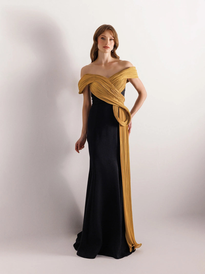 Straplez İnci Detaylı Balık Abiye Elbise Hardal rengi önden