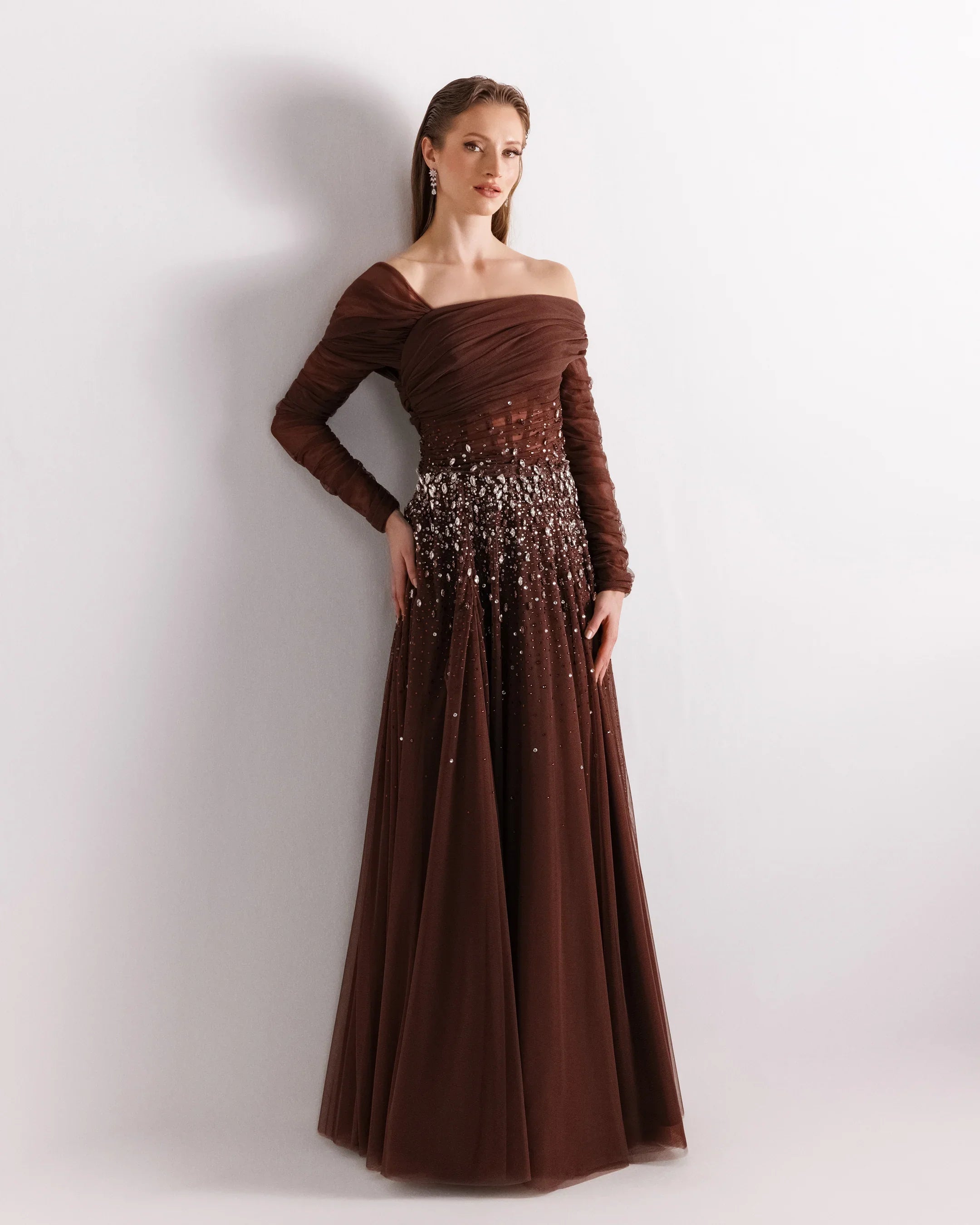 A25127-Strapless Long Sleeve Full Body Embroidered Princess Evening Dr