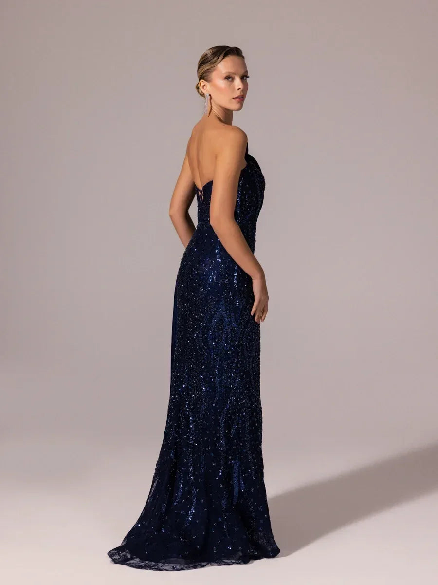 25132-Pleated Garnished Beaded Fishtail Dress Gold / 42 25132-Pleated Garnished Beaded Fishtail Dress Gold / 42