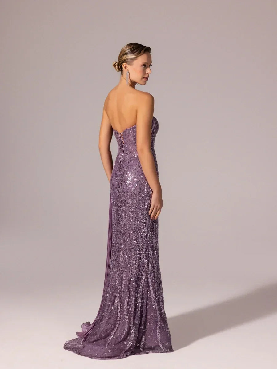25132-Pleated Garnished Beaded Fishtail Dress Gold / 42 25132-Pleated Garnished Beaded Fishtail Dress Gold / 42