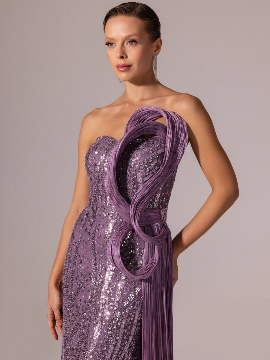 25132-Pilise Garnili Boncuk İşlemeli Balık Elbise