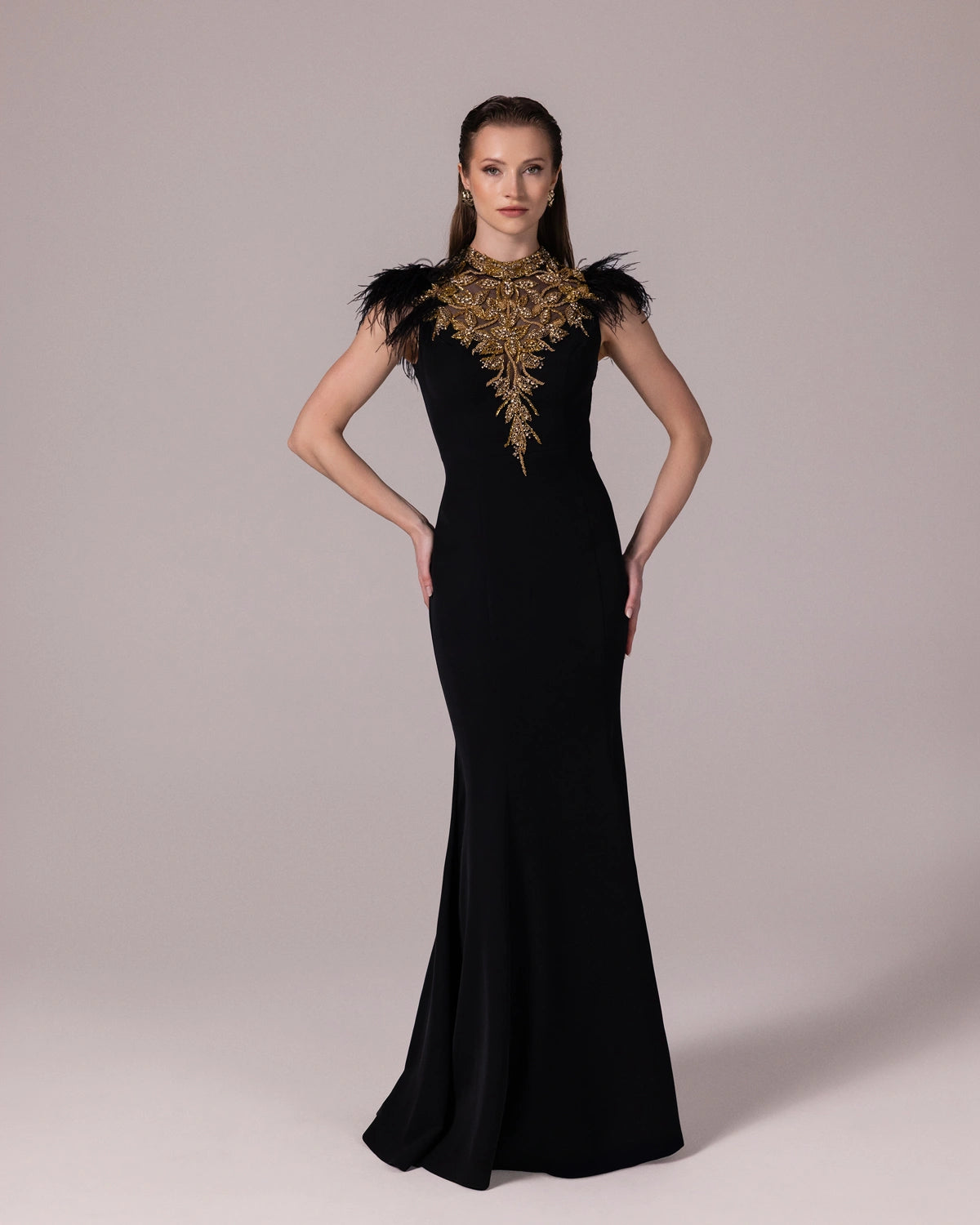 25142-Feather-Shoulder Embellished Fishtail Long Evening Dress