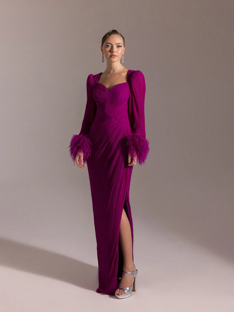 25152-Kolları Otrişli, Pliseli Yıtrmaçlı Abiye Elbise