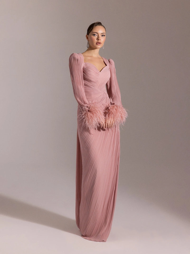 25152-Kolları Otrişli, Pliseli Yıtrmaçlı Abiye Elbise