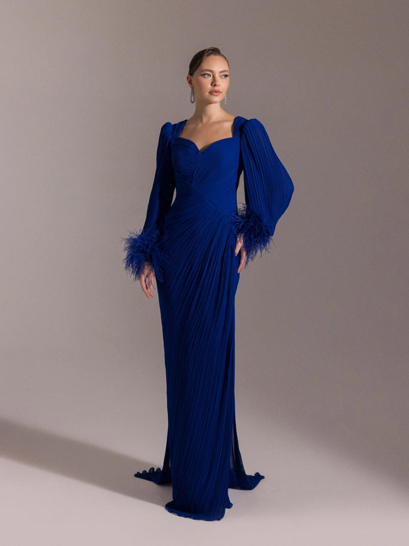 25152-Kolları Otrişli, Pliseli Yıtrmaçlı Abiye Elbise