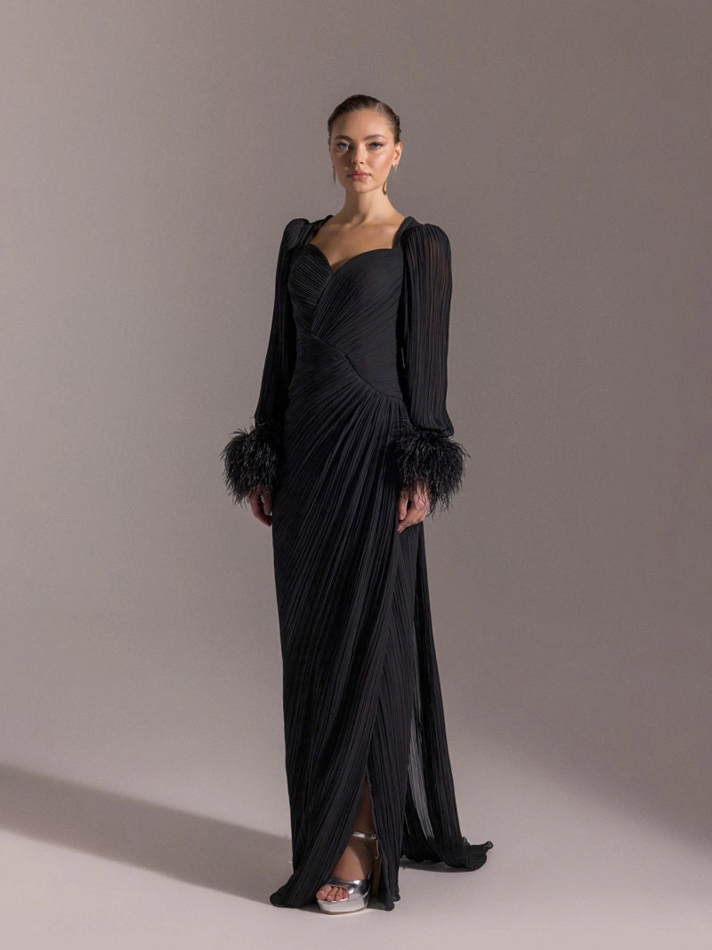 25152-Kolları Otrişli, Pliseli Yıtrmaçlı Abiye Elbise