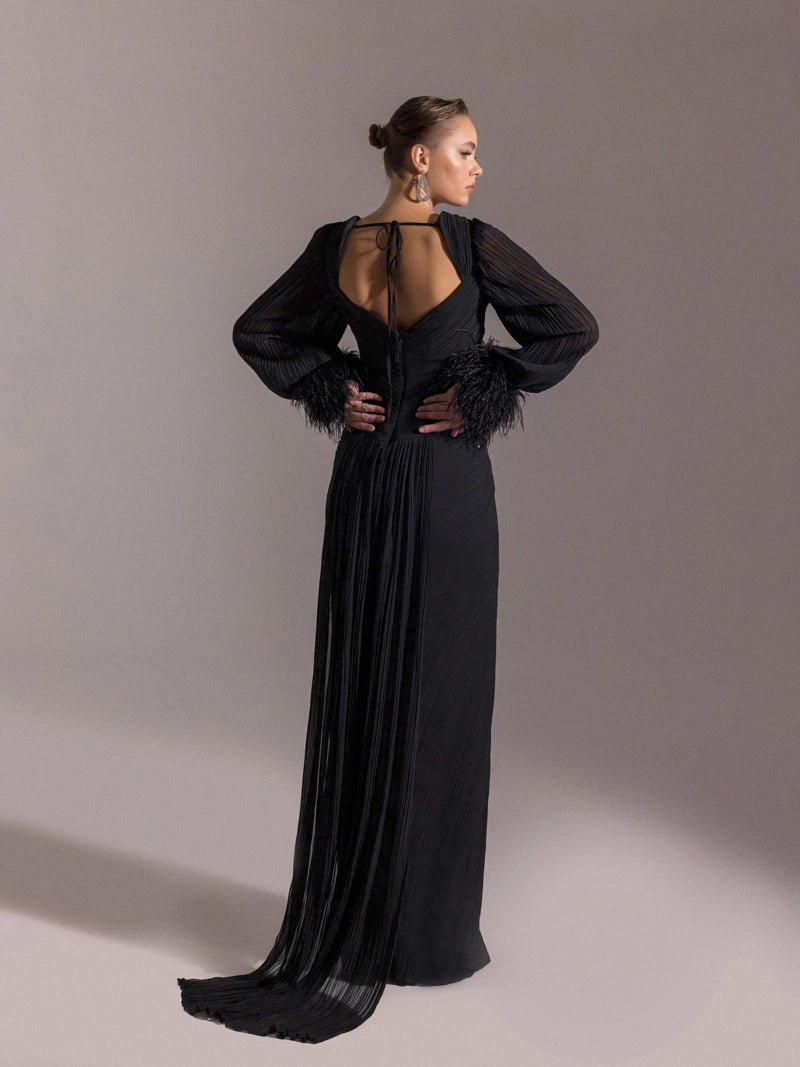 25152-Kolları Otrişli, Pliseli Yıtrmaçlı Abiye Elbise