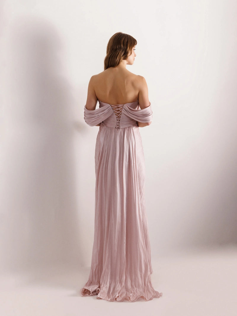 25153-Göğüsü İşlemeli Straplez Pliseli Abiye Elbise