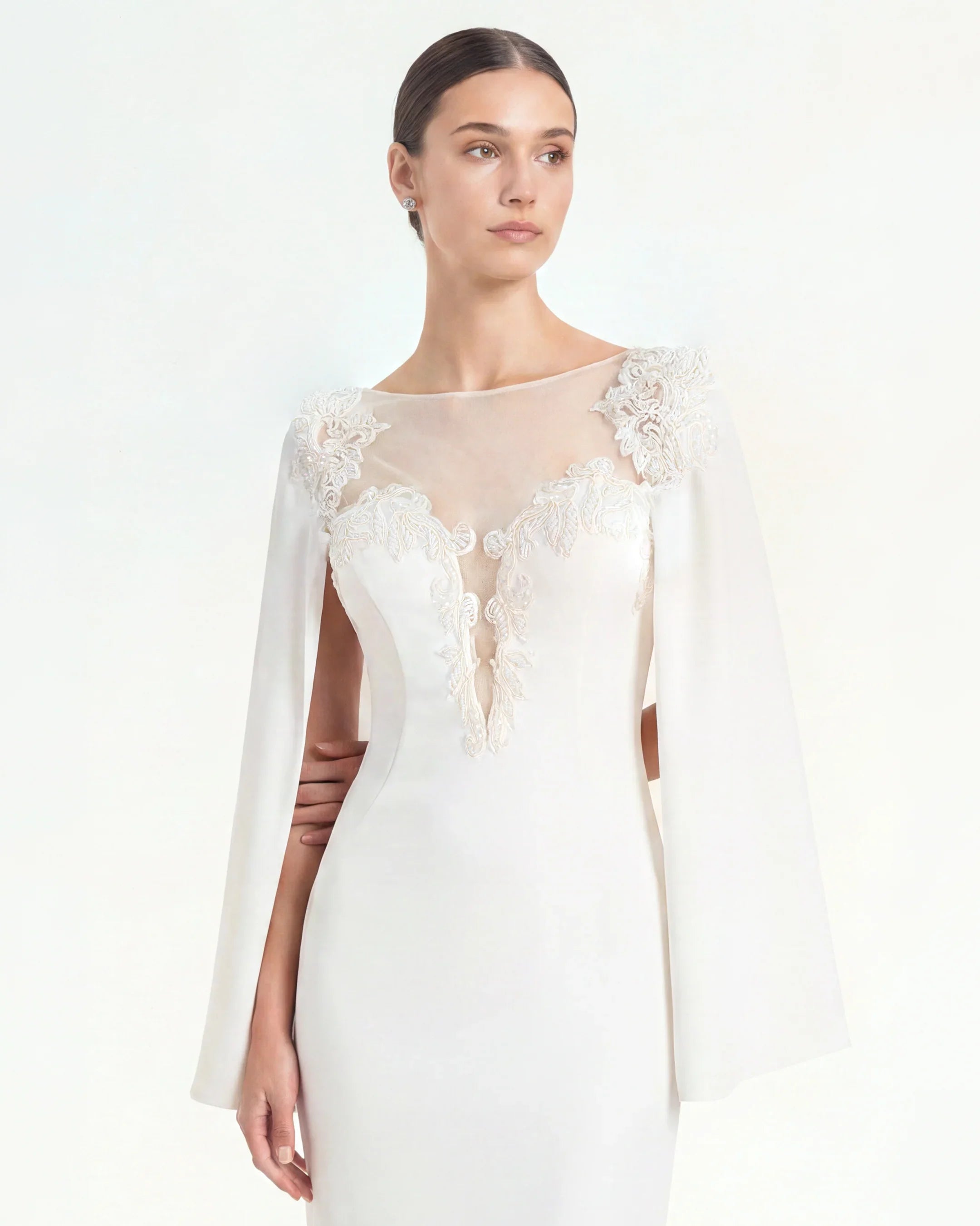 25155-Ecru Evening Dress with Gold Embroidery Details and Cape Sleeves