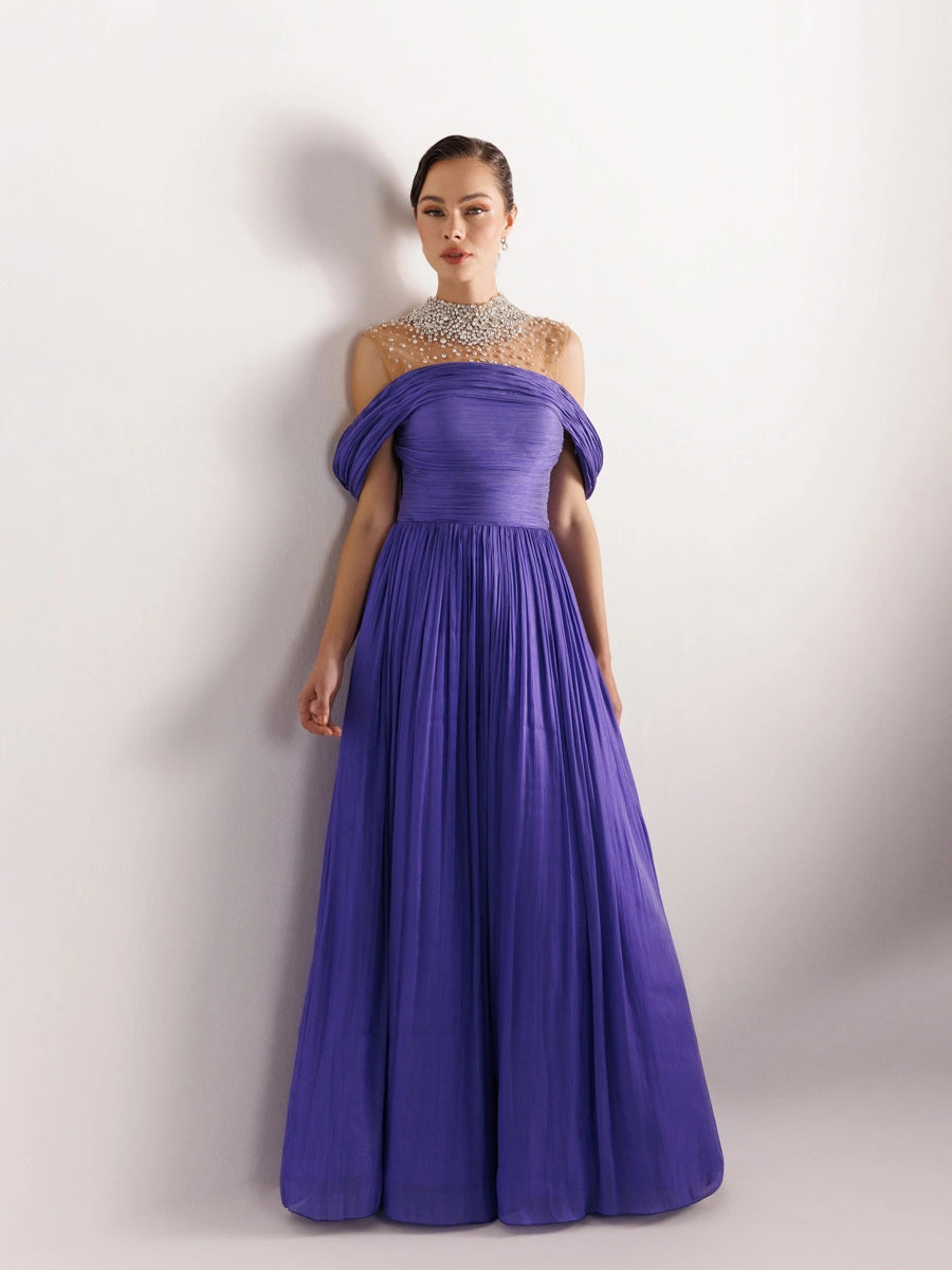 25159-Straplez Görünümlü Pliseli Kabarık Elbise