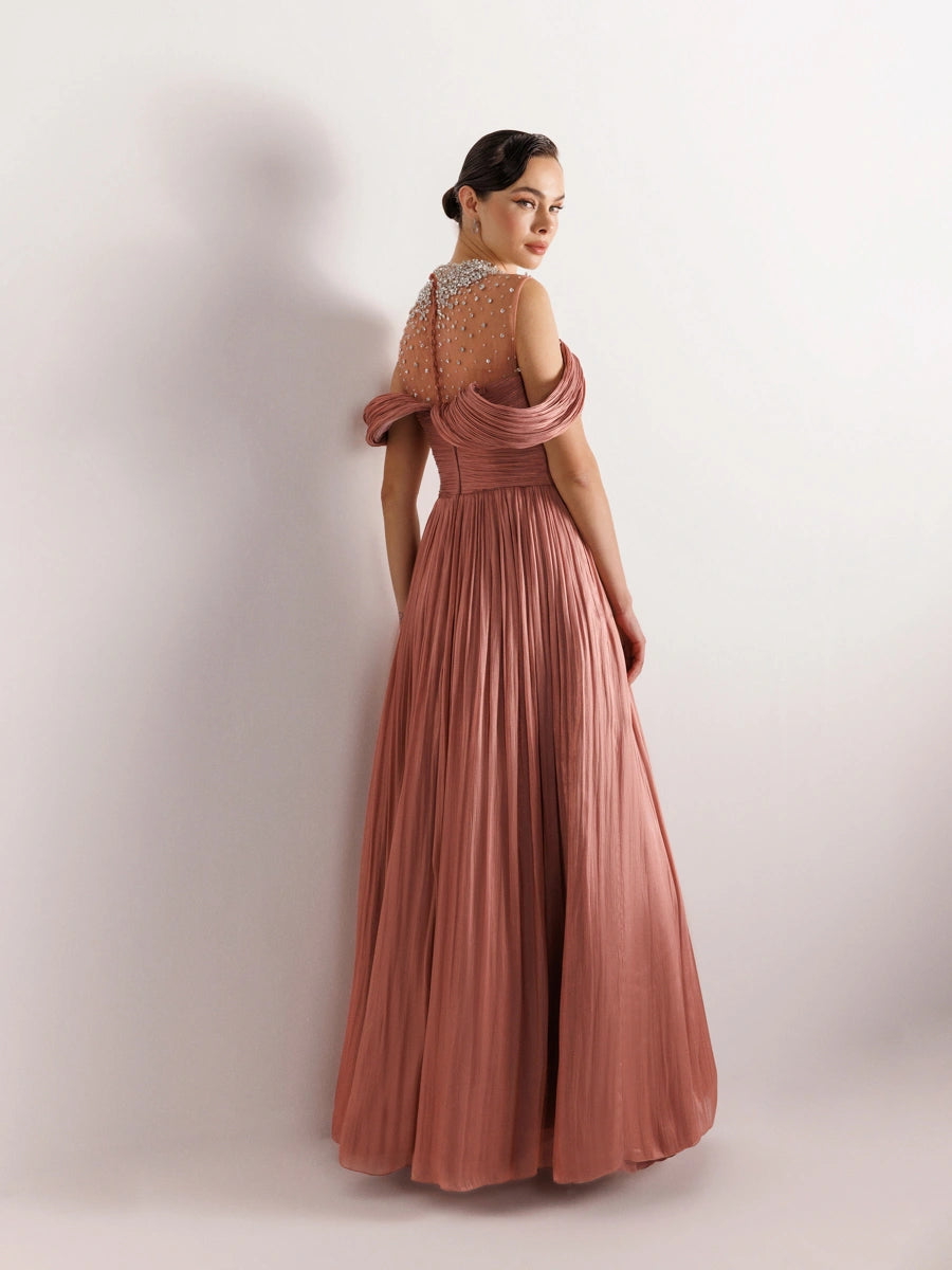 25159-Straplez Görünümlü Pliseli Kabarık Elbise