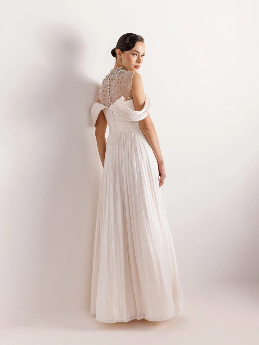 25159-Straplez Görünümlü Pliseli Kabarık Elbise