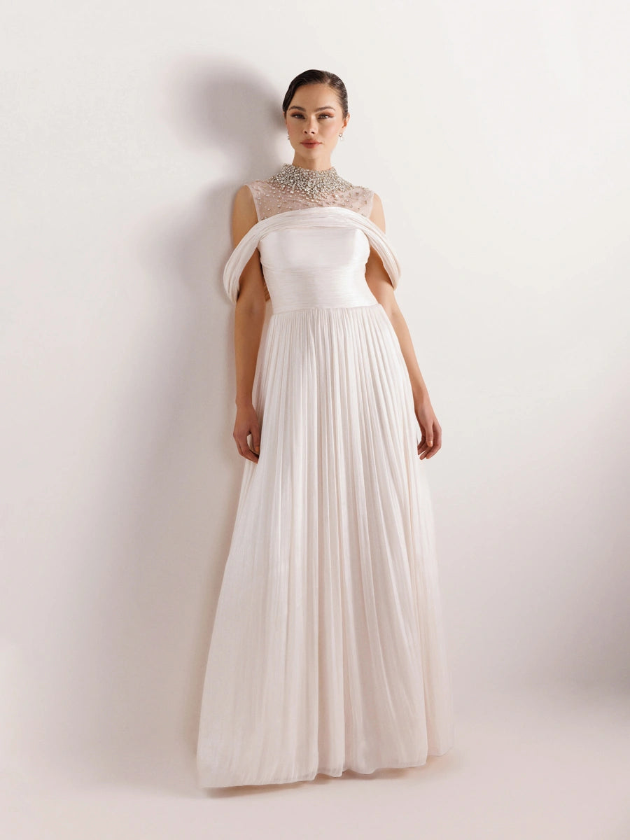 25159-Straplez Görünümlü Pliseli Kabarık Elbise