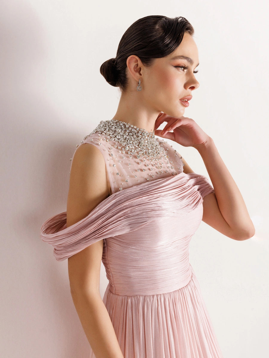 25159-Straplez Görünümlü Pliseli Kabarık Elbise