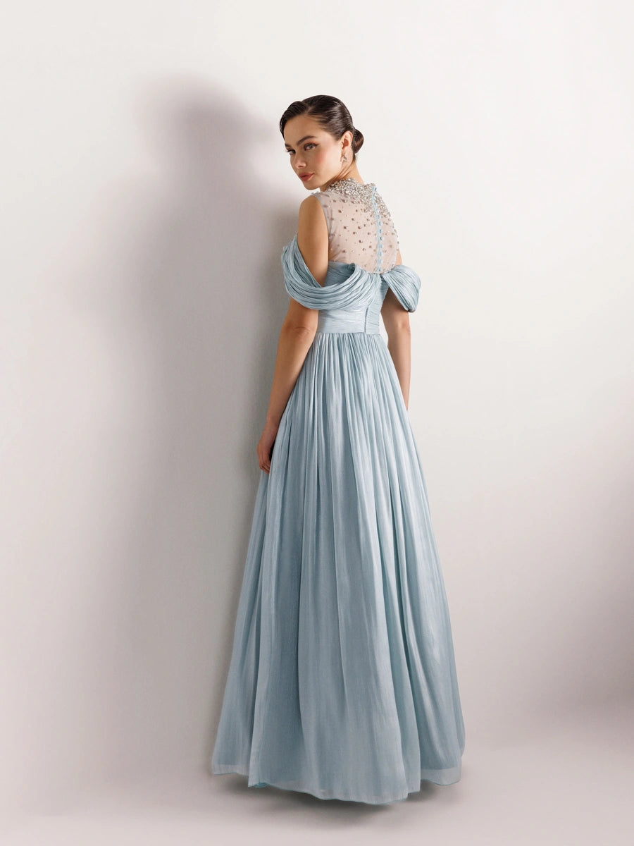 25159-Straplez Görünümlü Pliseli Kabarık Elbise