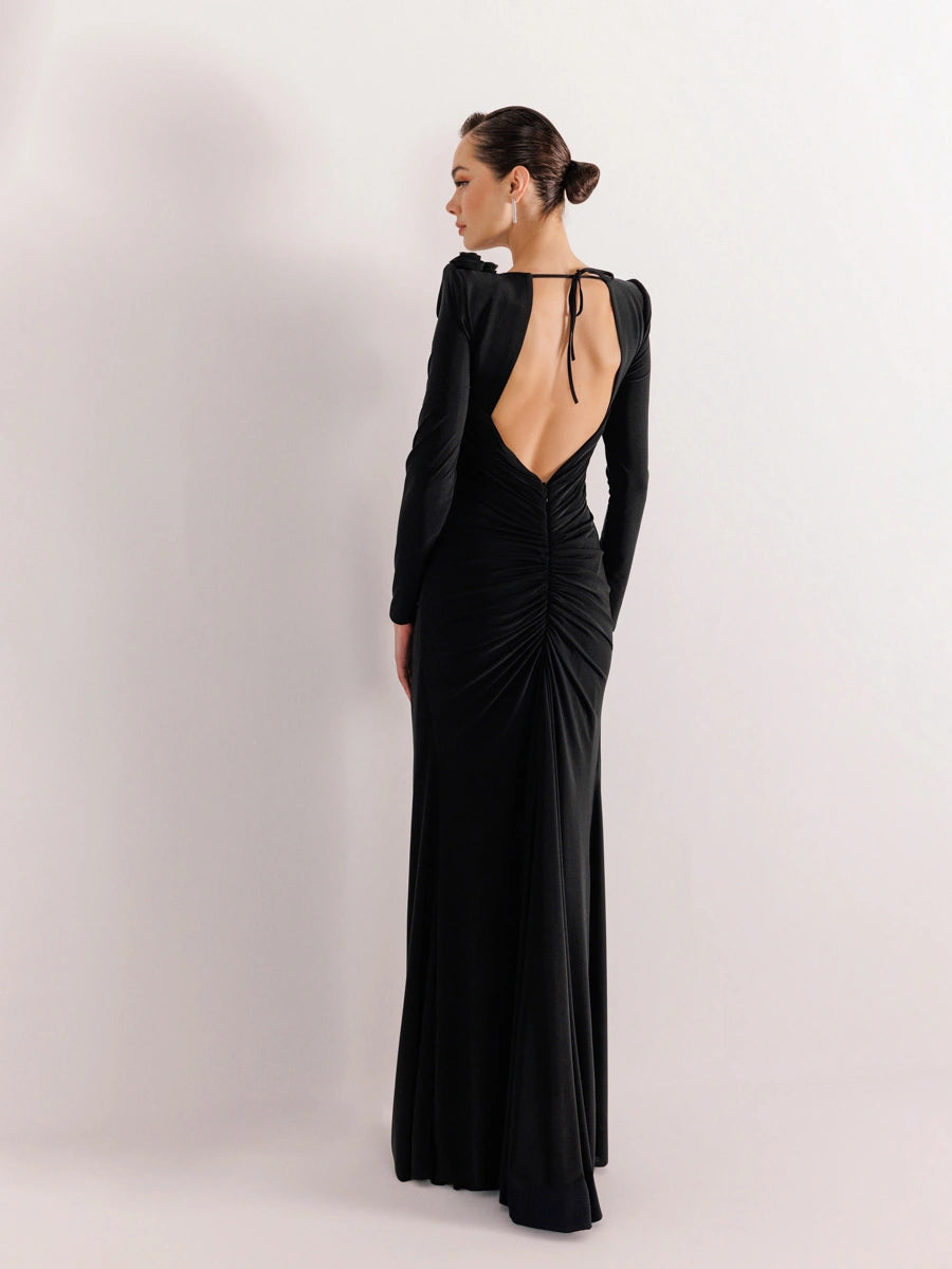 25160-Sırt Dekolteli Çiçek Detaylı Yırtmaçlı Balık Elbise