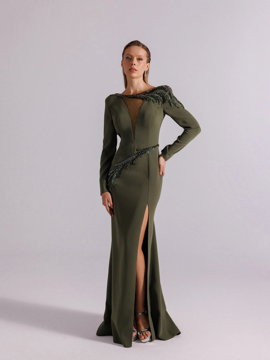 25167-Uzun Kollu Transparan Detaylı Yırtmaçlı Abiye Elbise