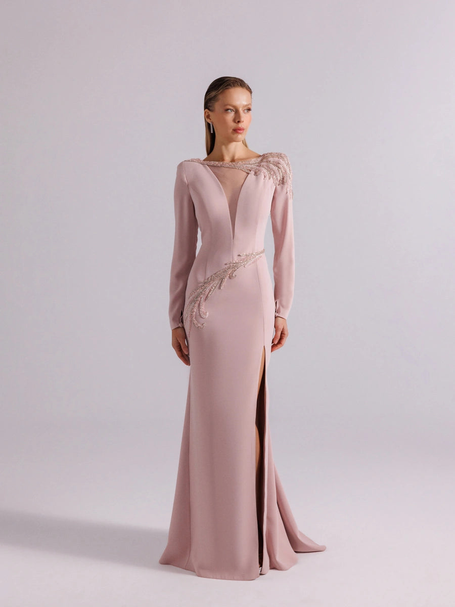 25167-Uzun Kollu Transparan Detaylı Yırtmaçlı Abiye Elbise