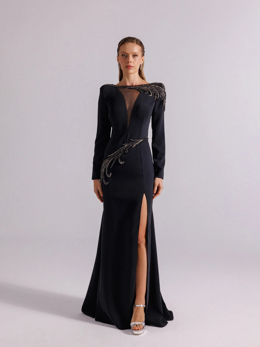 25167-Uzun Kollu Transparan Detaylı Yırtmaçlı Abiye Elbise