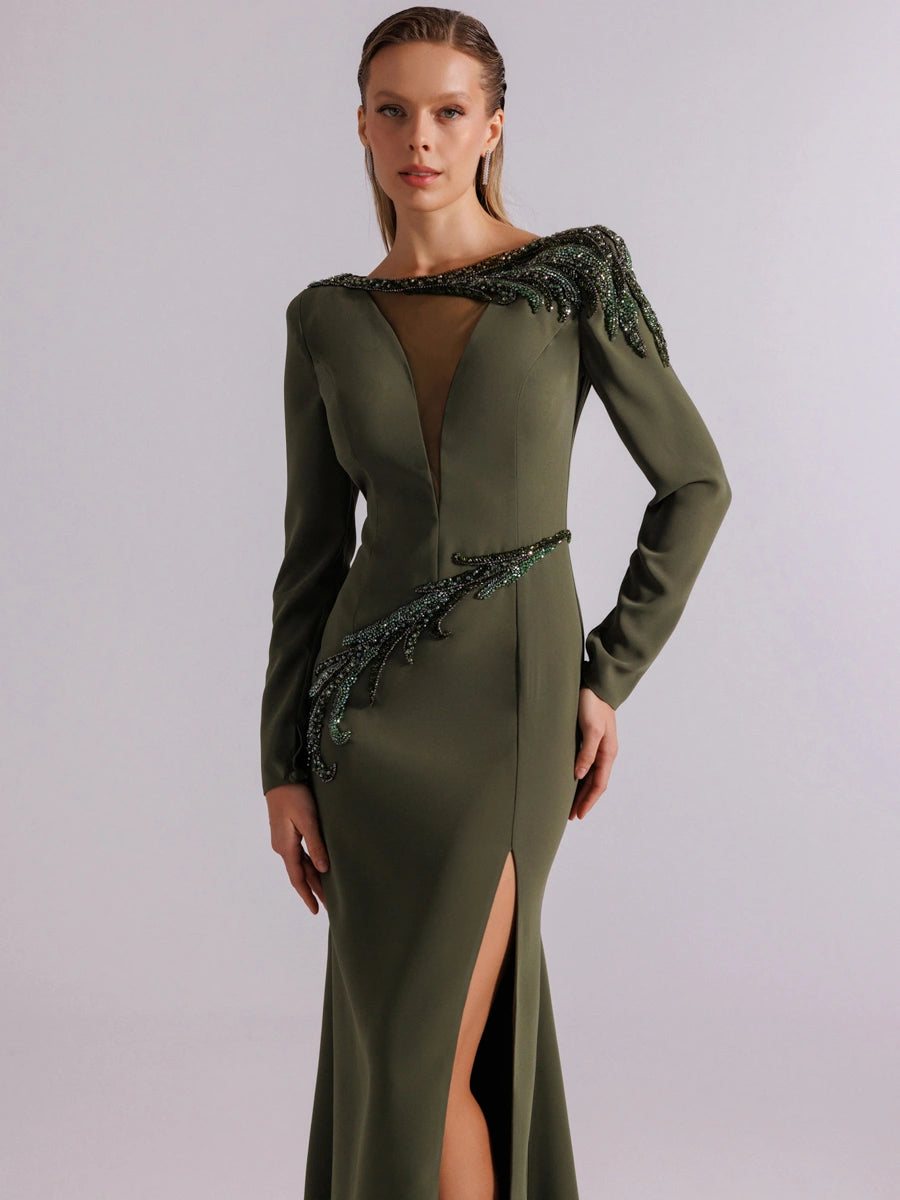 25167-Uzun Kollu Transparan Detaylı Yırtmaçlı Abiye Elbise