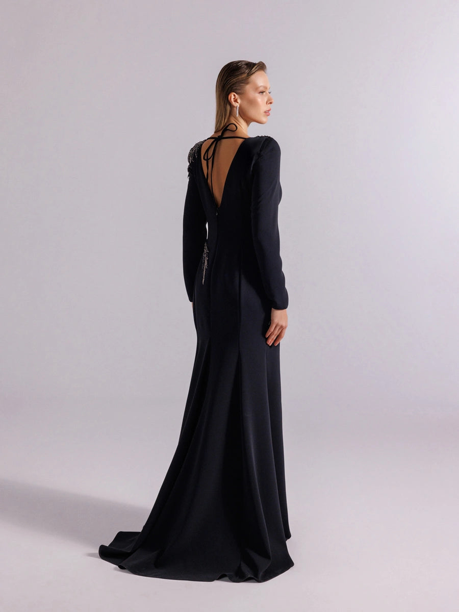 25167-Uzun Kollu Transparan Detaylı Yırtmaçlı Abiye Elbise