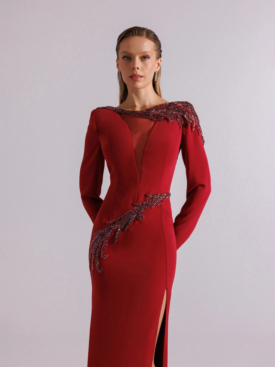 25167-Uzun Kollu Transparan Detaylı Yırtmaçlı Abiye Elbise