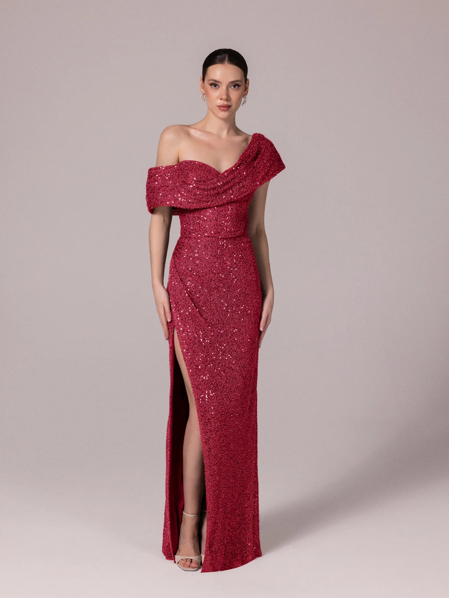 25173-Yaka Detaylı Pullu Payet Örme Abiye Elbise