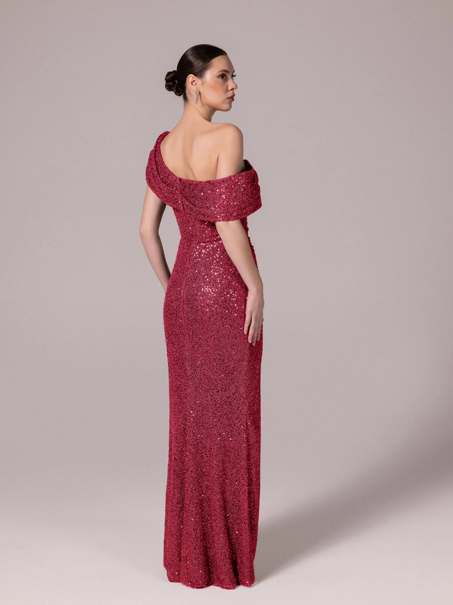 25173-Yaka Detaylı Pullu Payet Örme Abiye Elbise