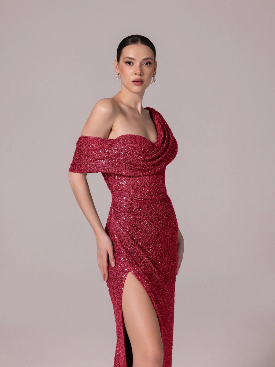 25173-Yaka Detaylı Pullu Payet Örme Abiye Elbise