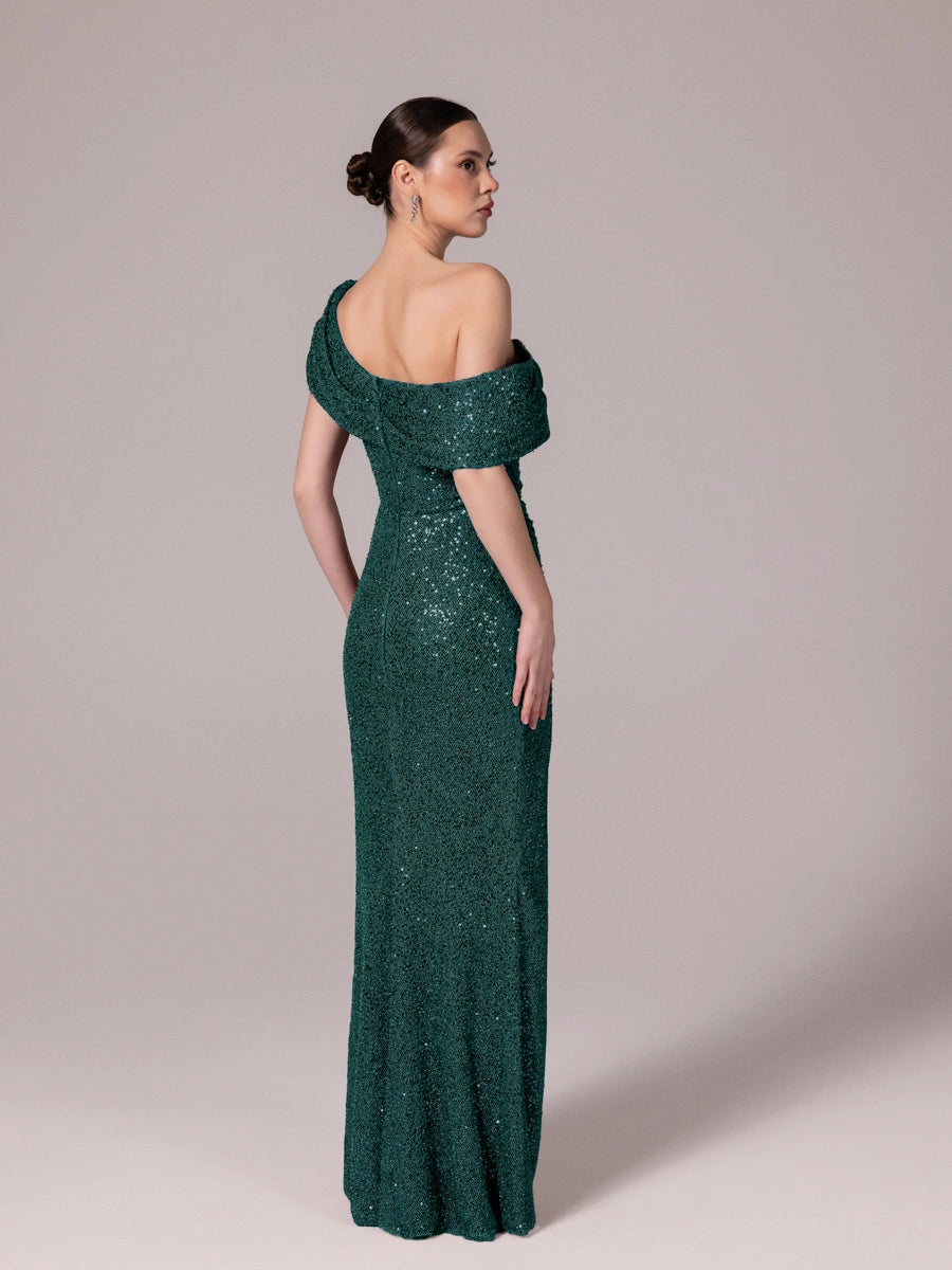 25173-Yaka Detaylı Pullu Payet Örme Abiye Elbise