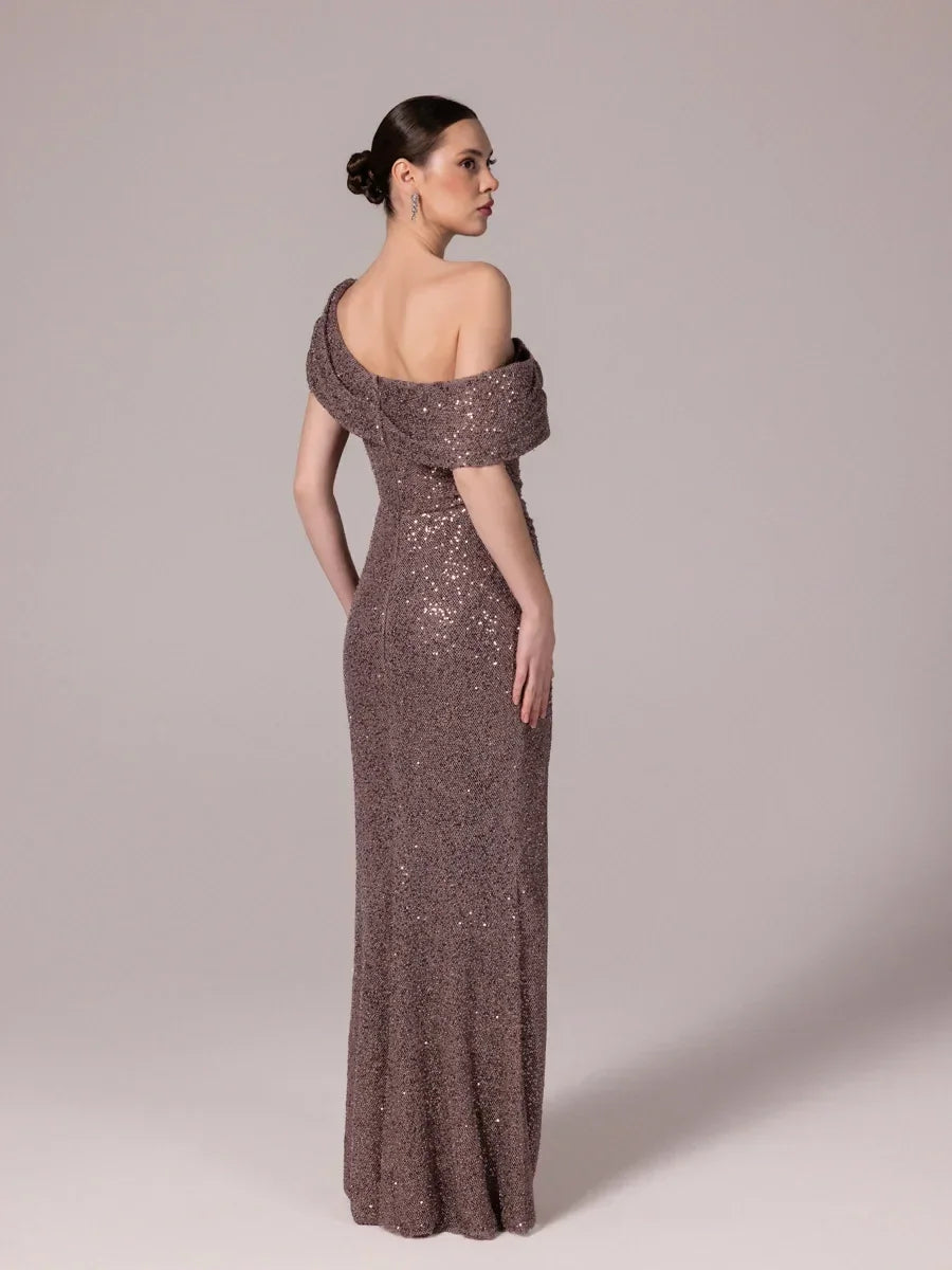 25173-Sequined Knitted Evening Dress with Collar Detail Navy Blue / 42