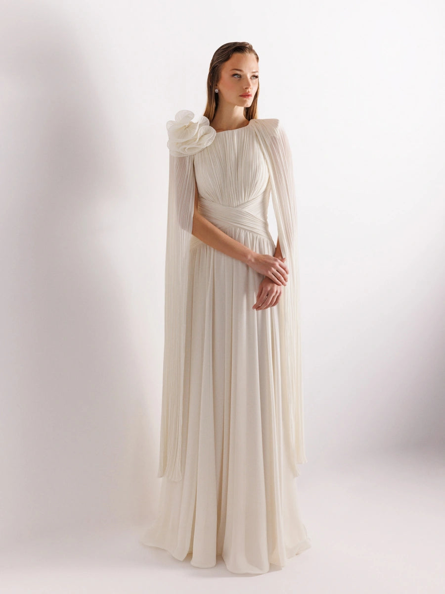 25175-Uzun Kol Kloş Aksesuarlı Uzun Abiye Elbise