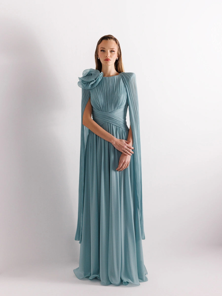 25175-Uzun Kol Kloş Aksesuarlı Uzun Abiye Elbise