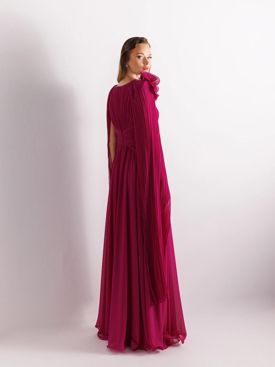 25175-Uzun Kol Kloş Aksesuarlı Uzun Abiye Elbise