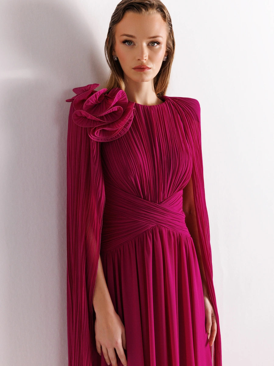 25175-Uzun Kol Kloş Aksesuarlı Uzun Abiye Elbise