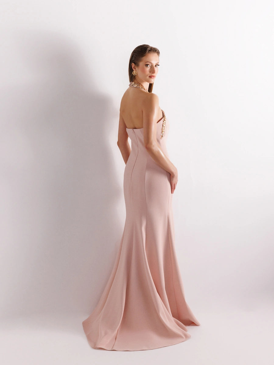 25176-Halter Yaka Gold İşleme Detaylı Abiye Elbise