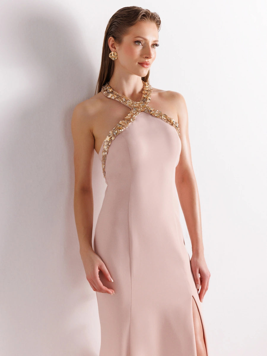 25176-Halter Yaka Gold İşleme Detaylı Abiye Elbise