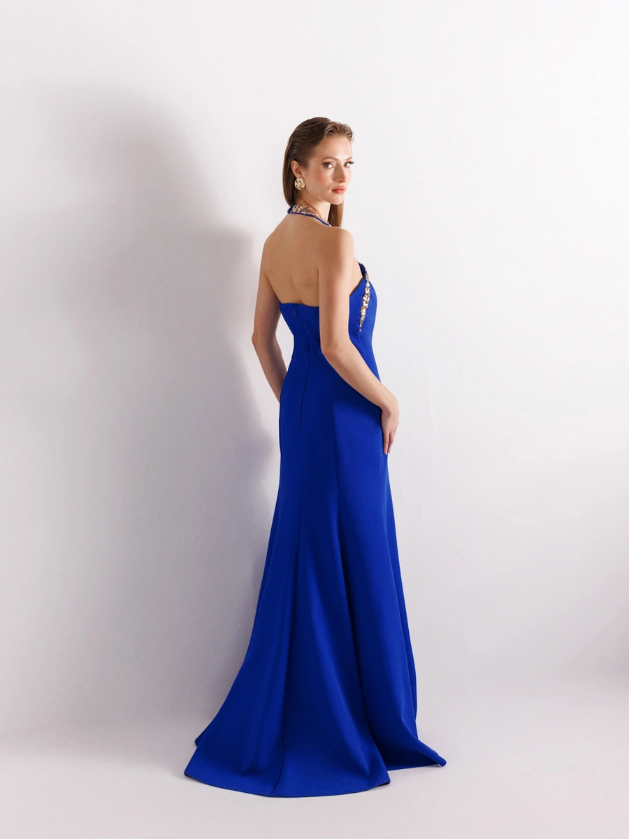 25176-Halter Yaka Gold İşleme Detaylı Abiye Elbise