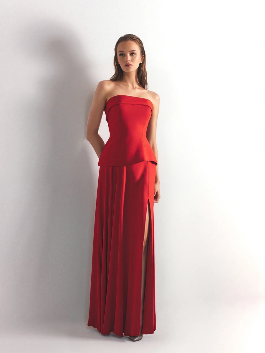 25191-Straplez Krep Korse Görünümlü Şifon Etek Detaylı Uzun Elbise