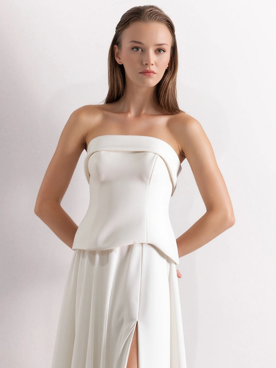 25191-Straplez Krep Korse Görünümlü Şifon Etek Detaylı Uzun Elbise